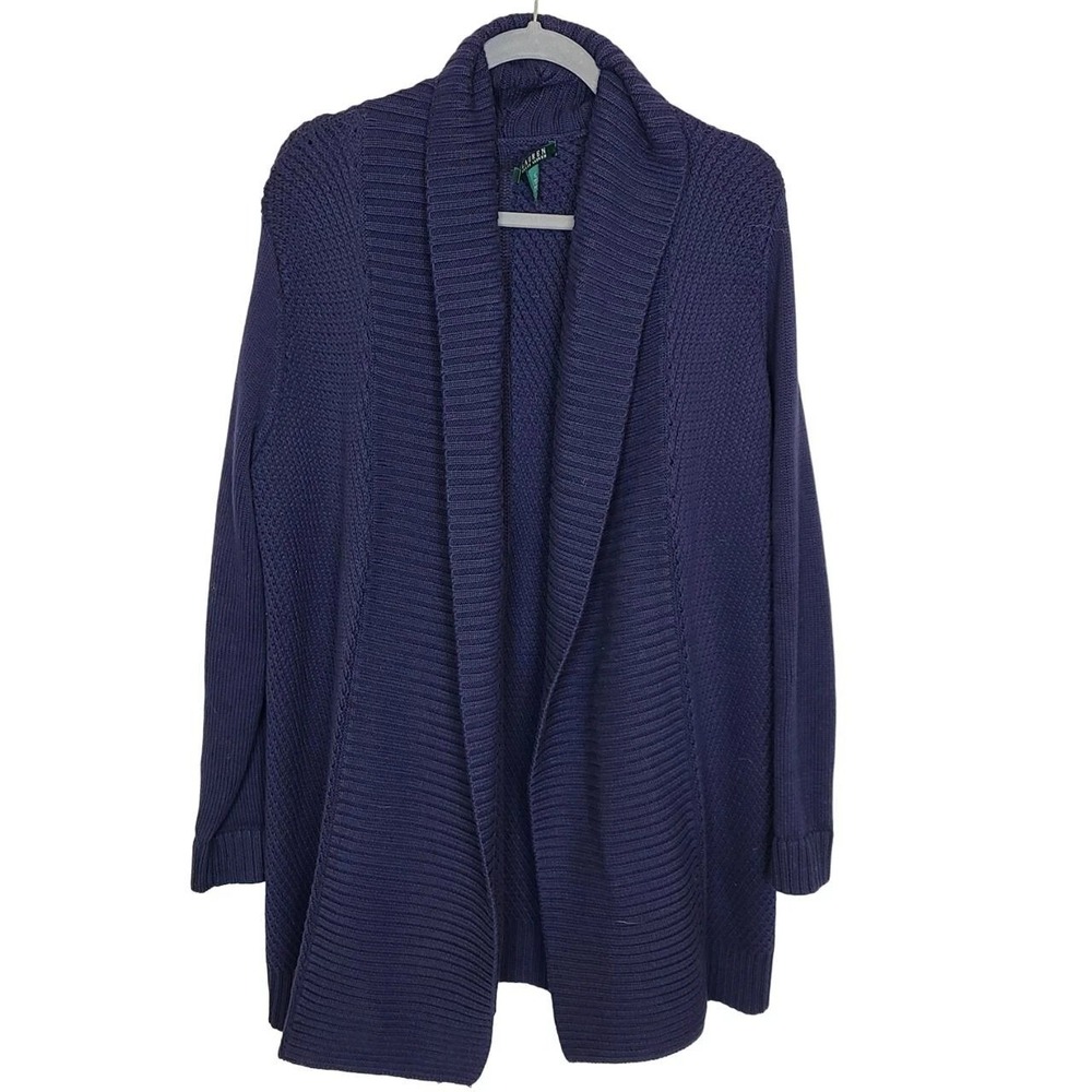 Lauren Ralph Lauren Navy Blue Ribbed Shawl Collar Open Front Cardigan L